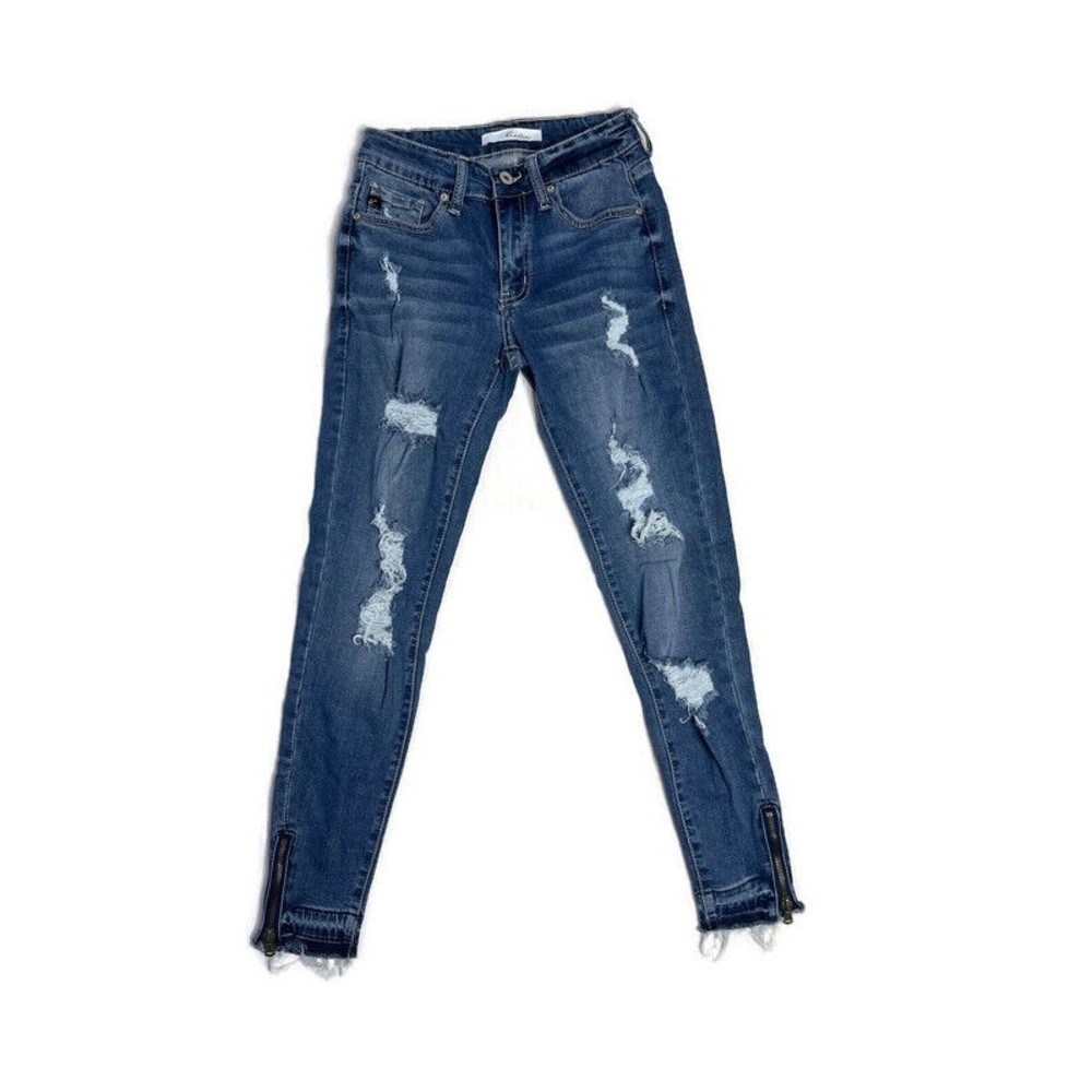 Kancan Distressed Ripped  Frayed Hem Ankle Zipper Skinny Jeans